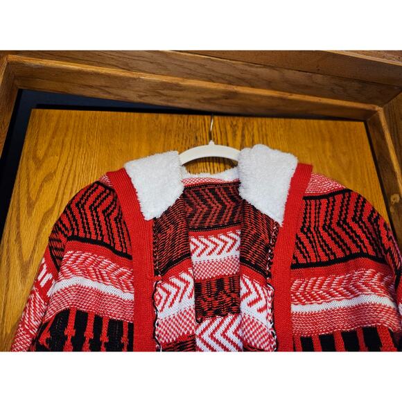 Women's Long Red Cardigan with Fuzzy Hood Size Large - Picture 2 of 8
